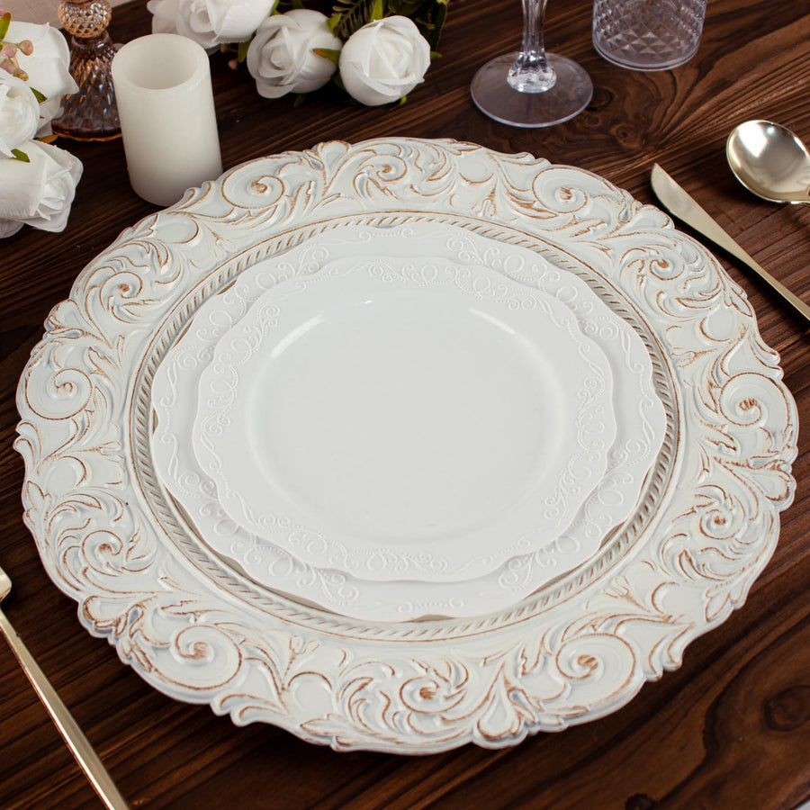 14inch Antique White / Gold Vintage Plastic Charger Plates Engraved Baroque Rim, Serving Trays
