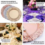 14inch Metallic Gold Vintage Plastic Charger Plates Engraved Baroque Rim, Disposable Serving Trays