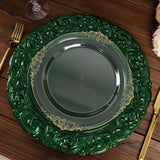 Hunter Emerald Green Vintage Plastic Charger Plates Engraved Baroque Rim, Disposable Serving Trays