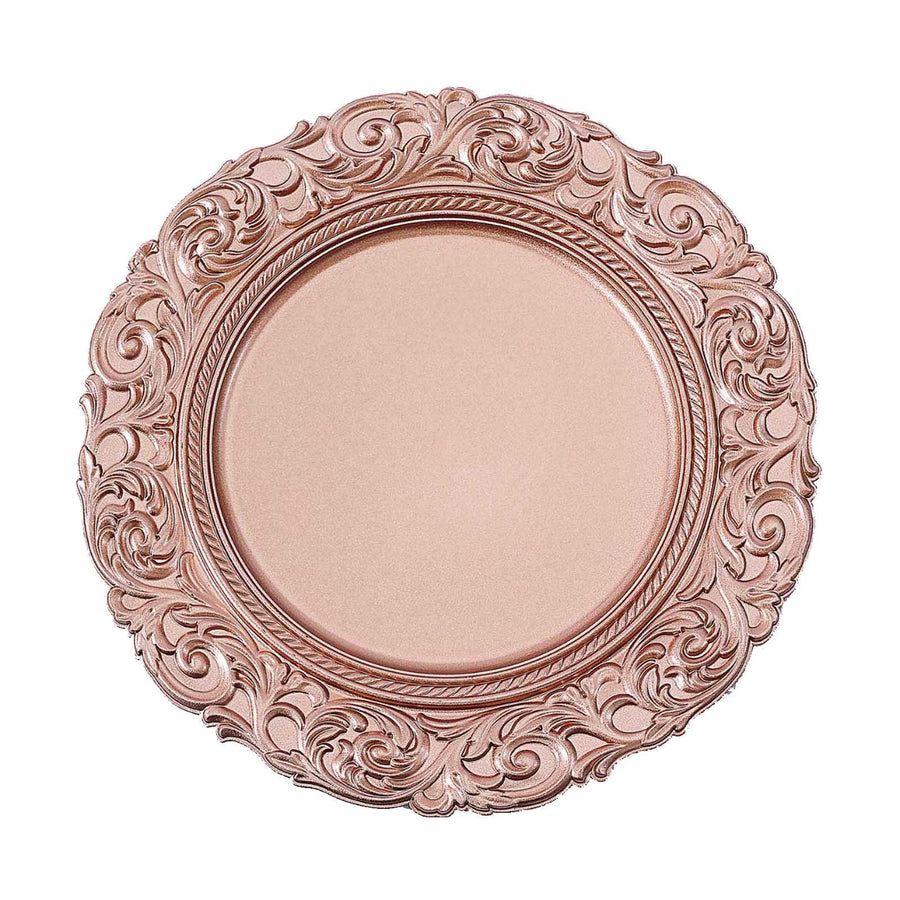 6 Pack | 14inch Metallic Rose Gold Vintage Plastic Charger Plates With Engraved Baroque Rim#whtbkgd