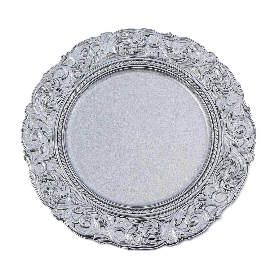 Silver Vintage Plastic Charger Plates Engraved Baroque Rim, Disposable Serving Trays#whtbkgd