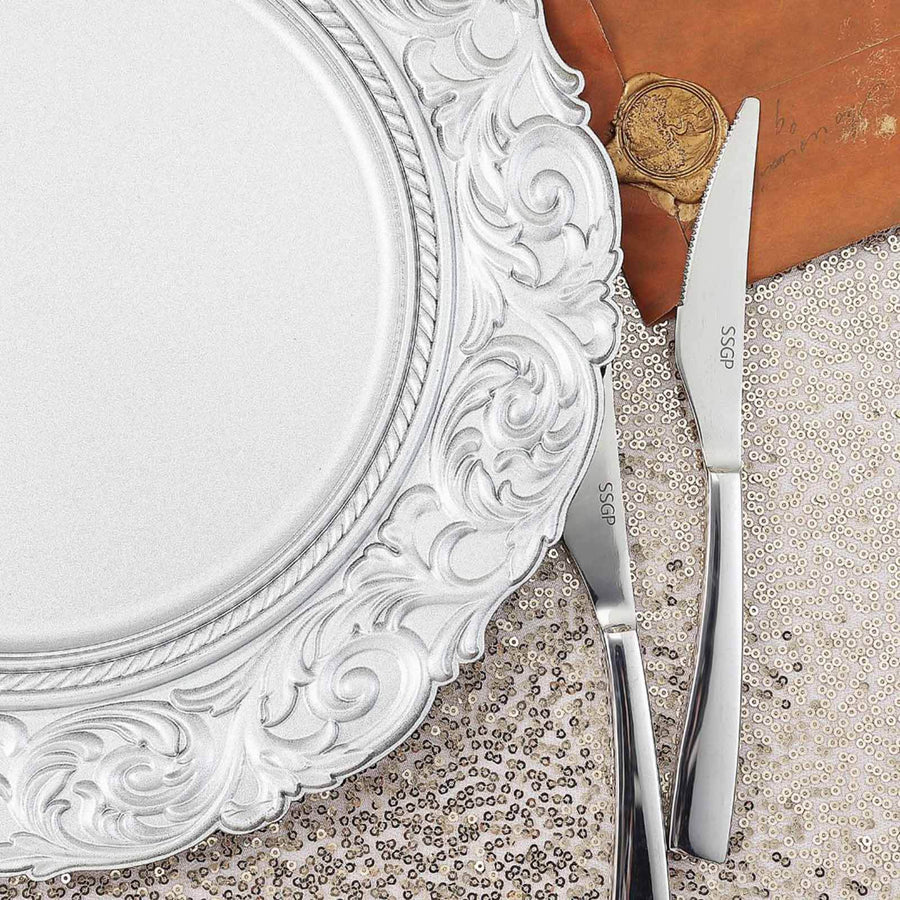 Metallic Silver Vintage Plastic Charger Plates Engraved Baroque Rim, Disposable Serving Trays