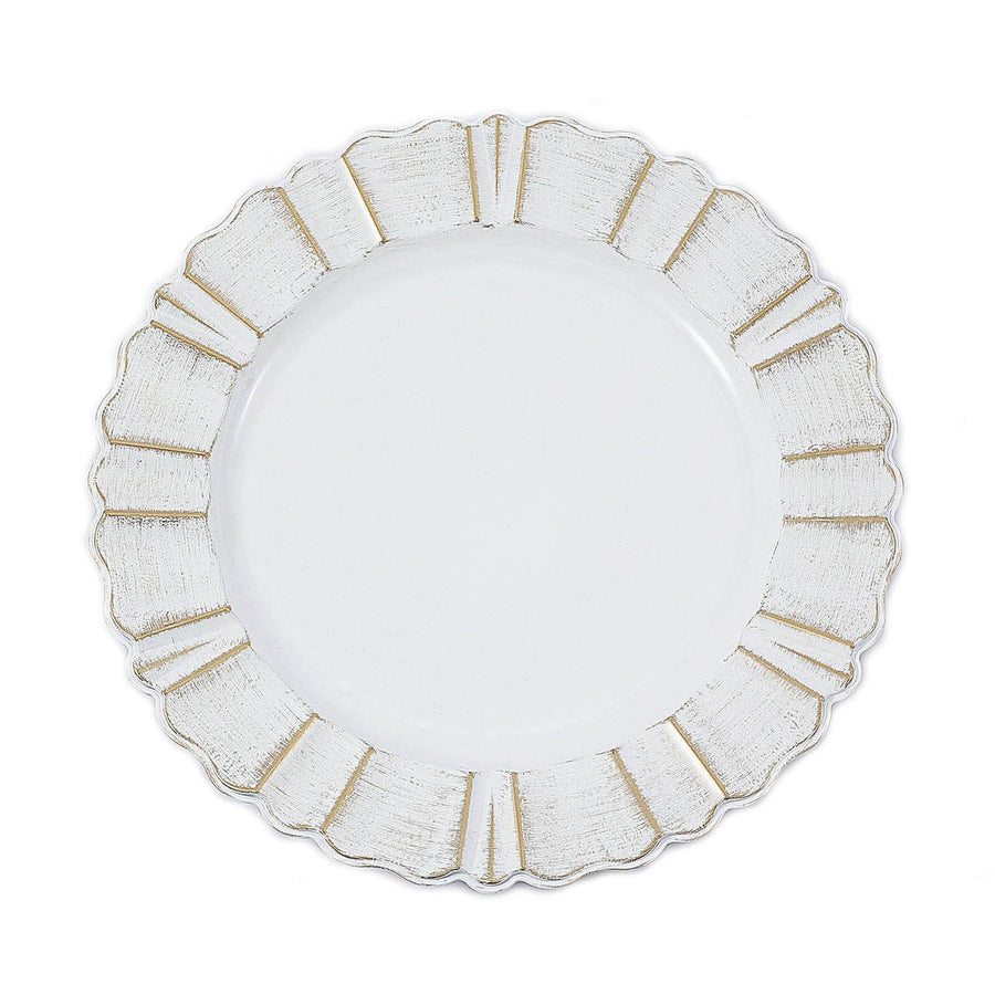 13inch Round White Acrylic Plastic Charger Plates With Gold Brushed Wavy Scalloped Rim