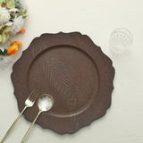 6 Pack | 13inch Rustic Brown Wooden Textured Acrylic Charger Plates with Scalloped Rim