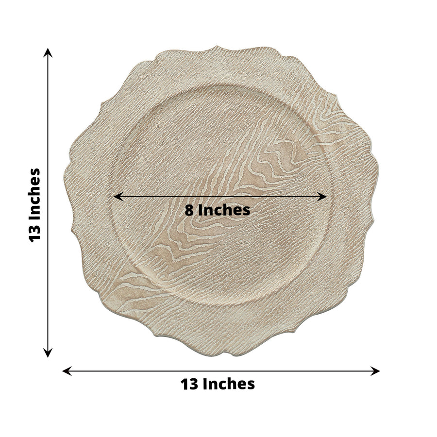 6 Pack | 13inch Rustic White Embossed Wood Grain Acrylic Charger Plates with Scalloped Rim