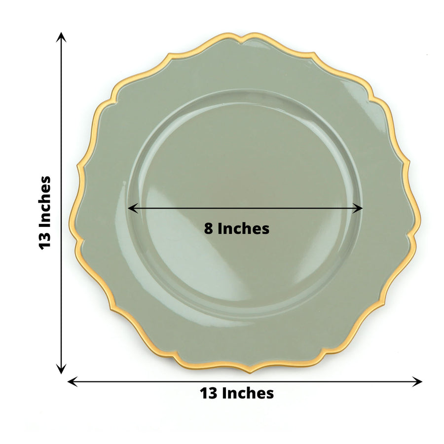6 Pack | Dusty Sage 13inch Gold Scalloped Rim Acrylic Charger Plates, Round Plastic Charger Plates