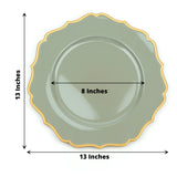 6 Pack | Dusty Sage 13inch Gold Scalloped Rim Acrylic Charger Plates, Round Plastic Charger Plates
