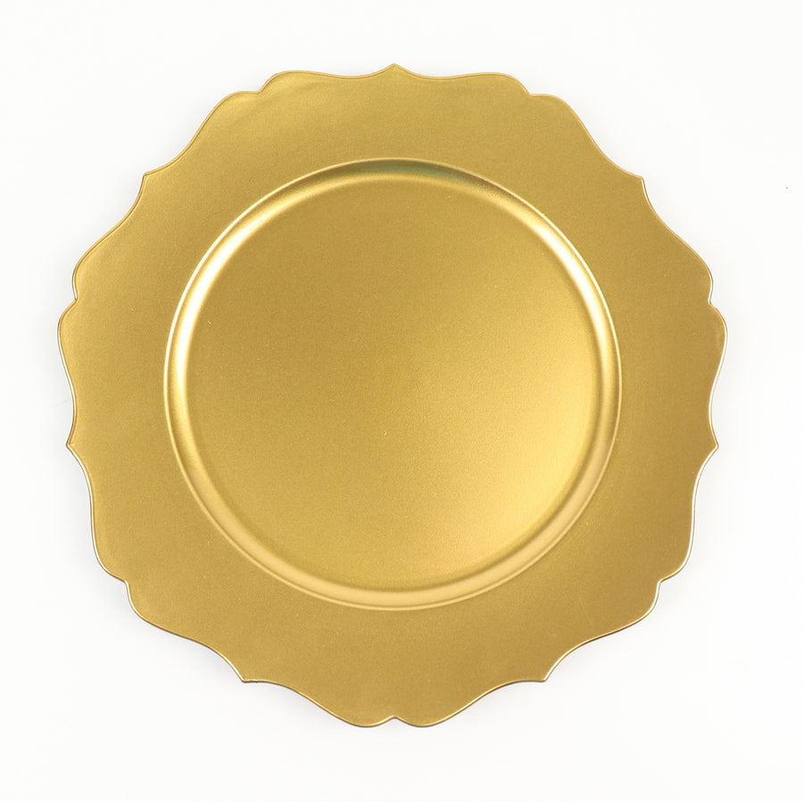 6 Pack | 13inch Metallic Gold Acrylic Charger Plates Scalloped Rim, Gold Plastic Charger#whtbkgd