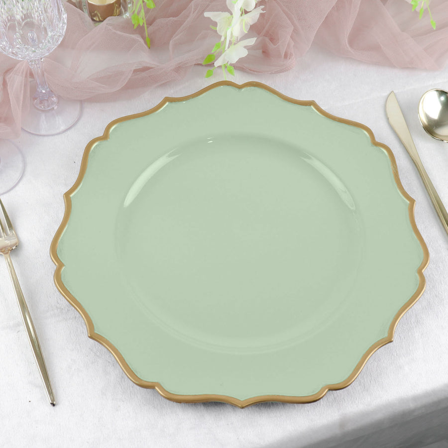 6 Pack | Sage Green 13inch Gold Scalloped Rim Acrylic Charger Plates, Round Plastic Charger Plates