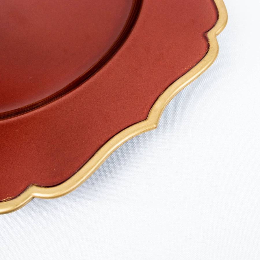 6 Pack 13inch Terracotta (Rust) / Gold Scalloped Rim Acrylic Charger Plates