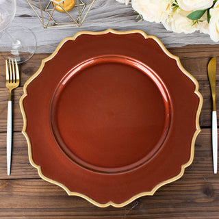 Elevate Your Table Setting with Terracotta (Rust) and Gold Scalloped Rim Acrylic Charger Plates