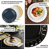 6 Pack | 13inch Black Round Bejeweled Rim Plastic Dinner Charger Plates, Disposable Serving Trays