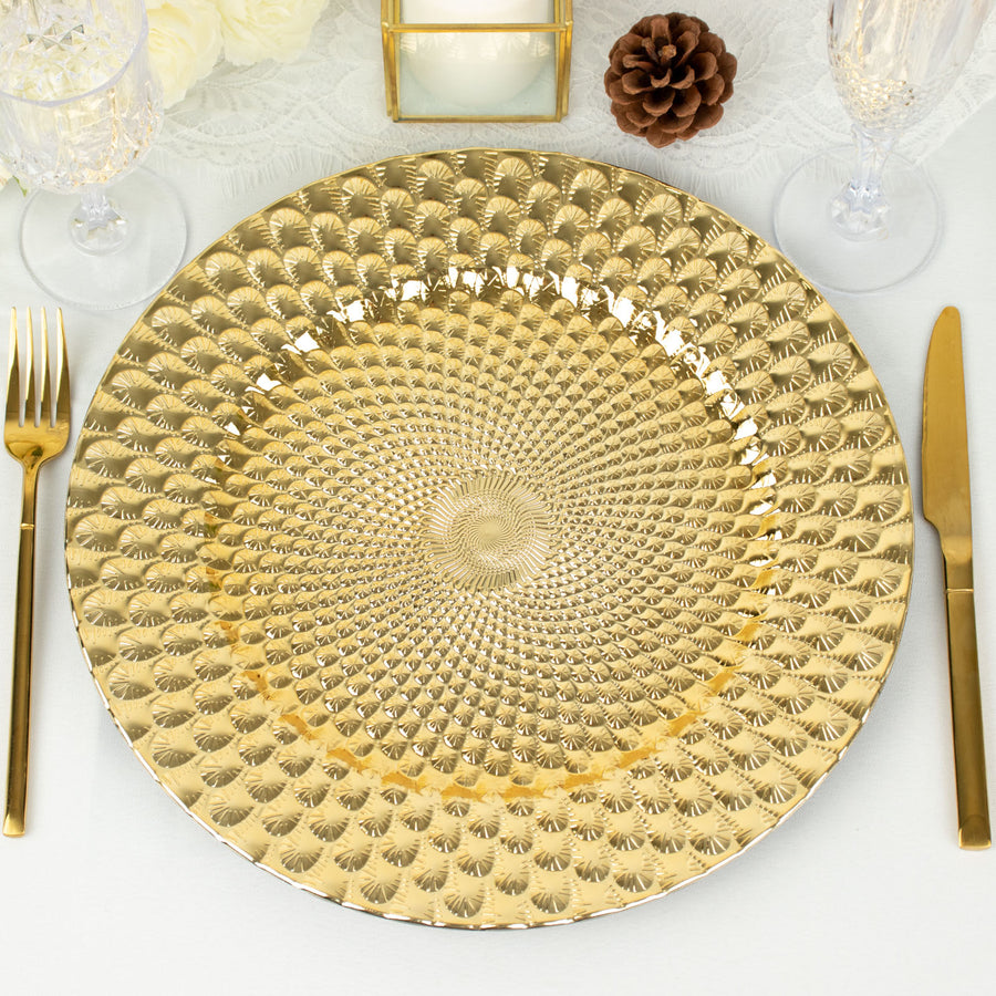6 Pack | 13inch Gold Peacock Pattern Plastic Charger Plates, Round Disposable Serving Trays