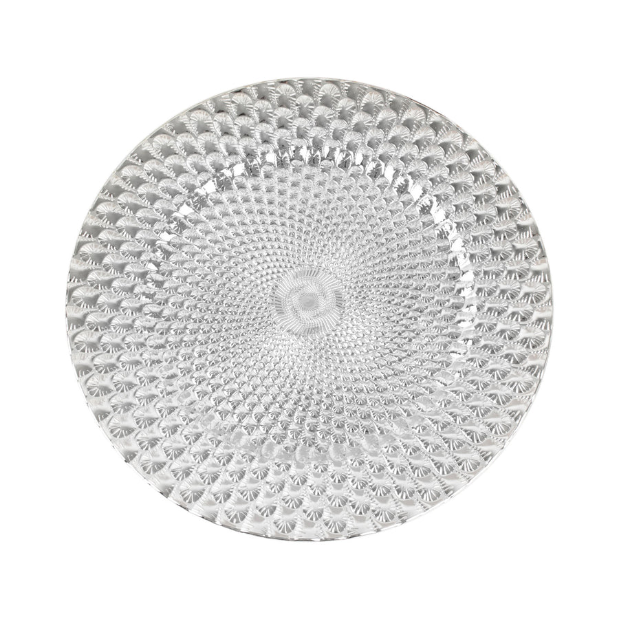 6 Pack | 13inch Silver Peacock Pattern Plastic Charger Plates, Disposable Serving Trays#whtbkgd