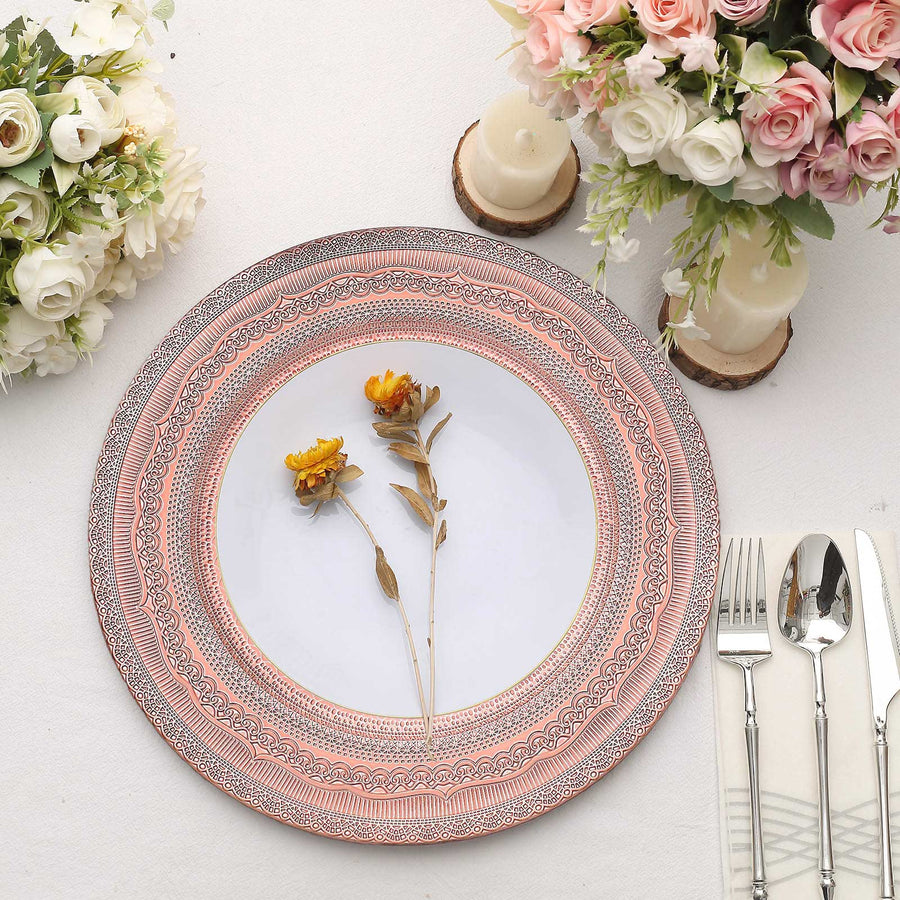6 Pack | 13inch Blush Rose Gold Boho Lace Embossed Acrylic Plastic Charger Plates