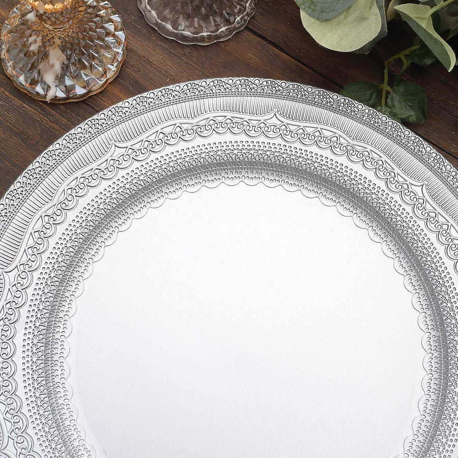 6 Pack | 13inch Silver Boho Lace Embossed Acrylic Plastic Charger Plates