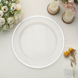 Elevate Your Table Setting with Silver Rim Clear Heavy Duty Disposable Charger Plates