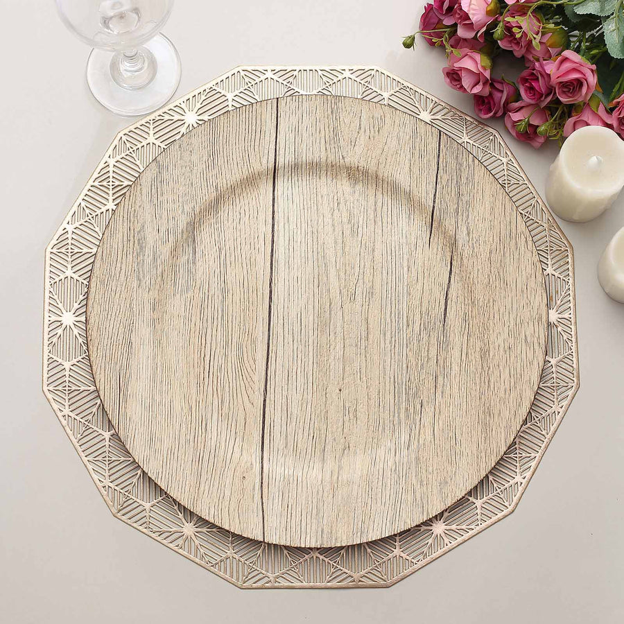 6 Pack | 13inch Natural Rustic Faux Wood Plastic Charger Plates