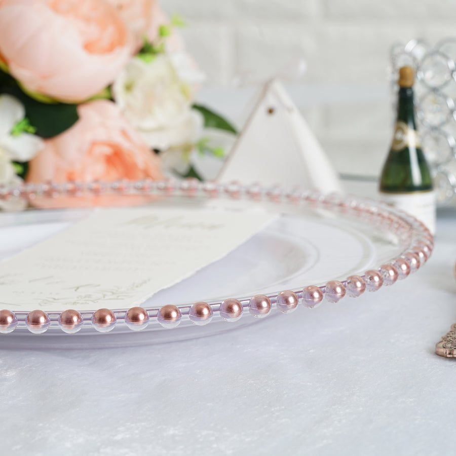 6 Pack | 12inch Clear/Rose Gold Acrylic Beaded Rim Charger Plates