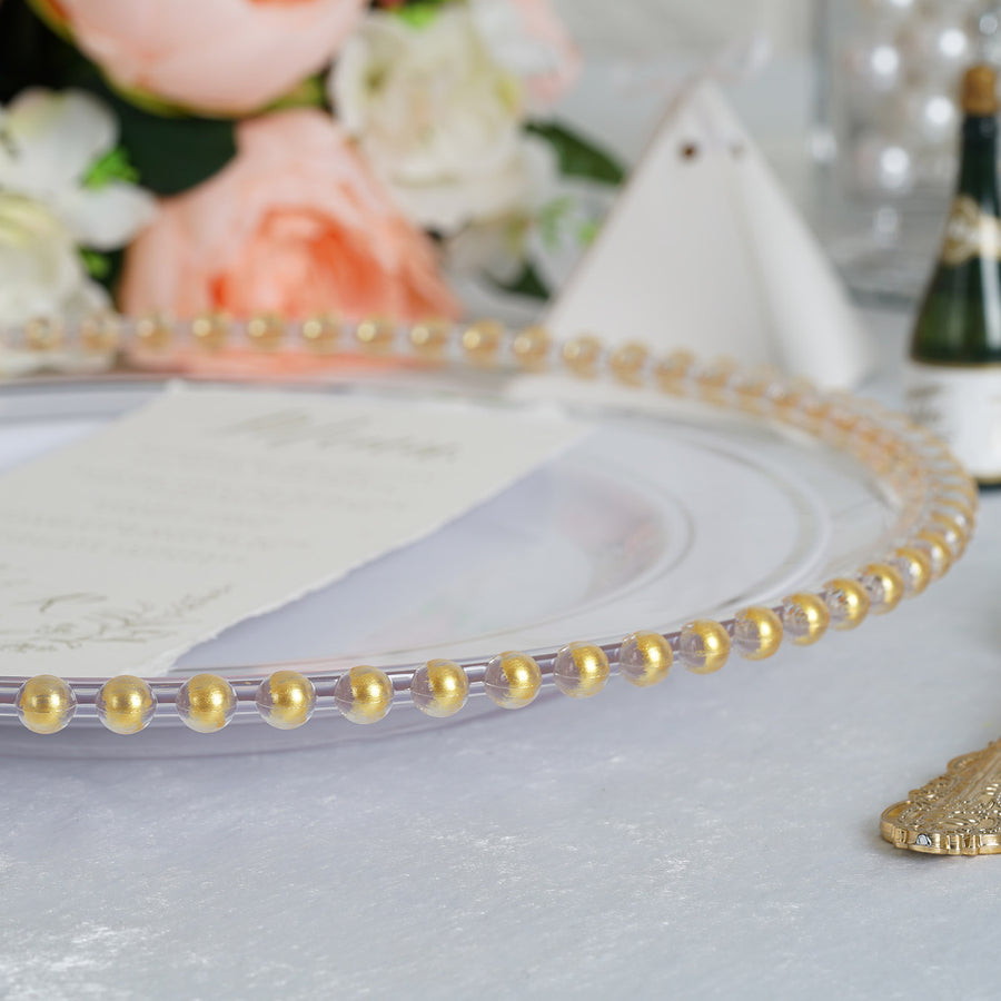 6 Pack | 12inch Clear/Gold Acrylic Plastic Charger Plates With Gold Beaded Rim