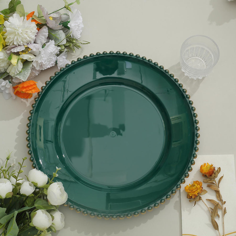 6 Pack | 12inch Hunter Emerald Green Acrylic Plastic Beaded Rim Charger Plates