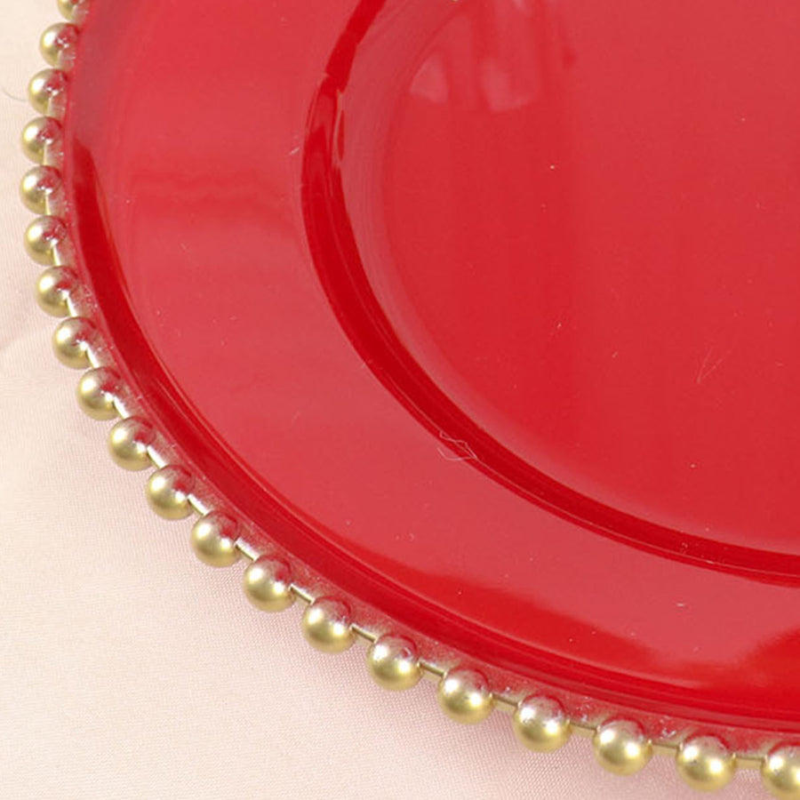 6 Pack | 12inch Red / Gold Acrylic Plastic Beaded Rim Charger Plates