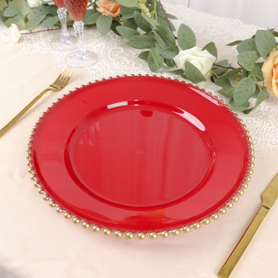 6 Pack | 12inch Red / Gold Acrylic Plastic Beaded Rim Charger Plates
