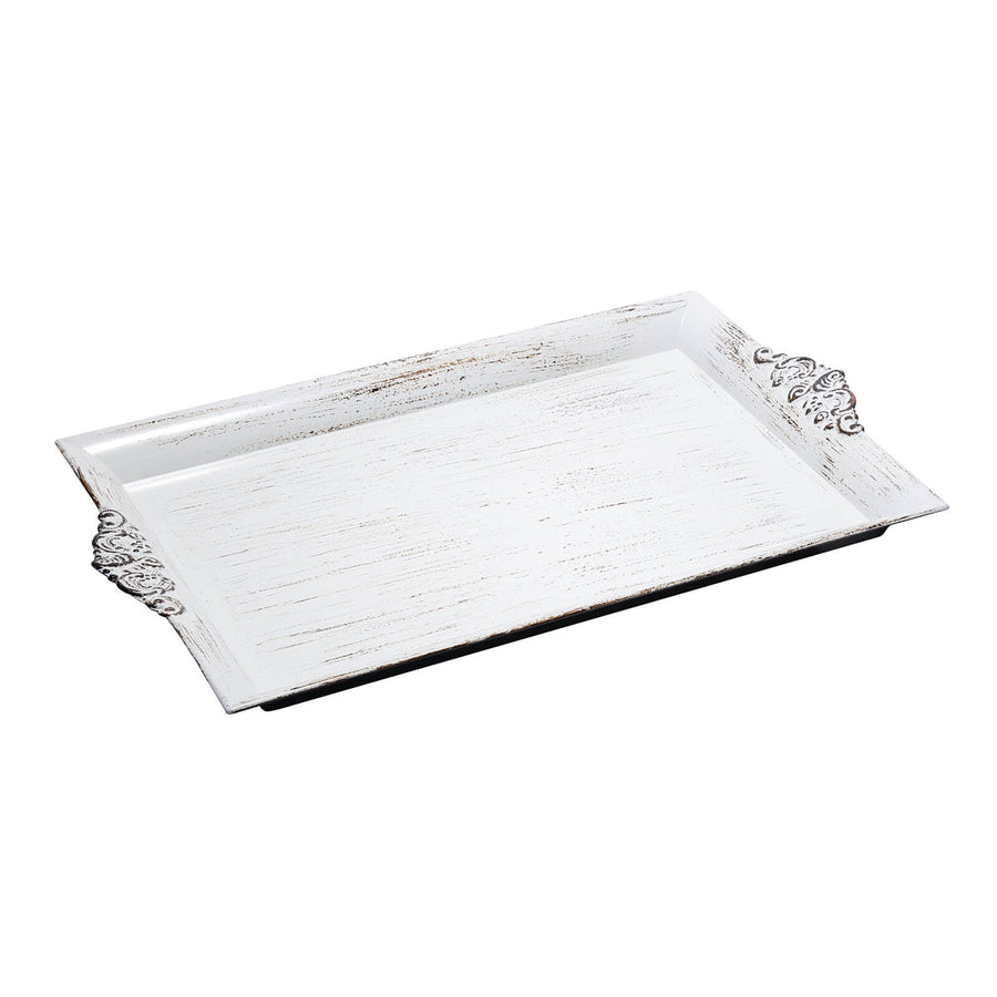 Antique White Wash Rectangle Decorative Acrylic Serving Trays With Embossed Rims - 14x10Inch