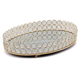 Gold Metal Crystal Beaded Mirror Oval Vanity Serving Tray, Decorative Tray - Small 12x8inch#whtbkgd