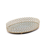 Gold Metal Crystal Beaded Mirror Oval Vanity Serving Tray, Decorative Tray Large 16x12inch