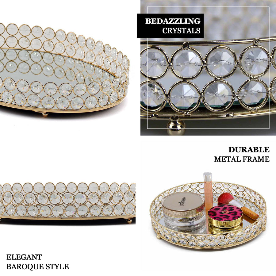 Set of 2 | Gold Metal Round Mirror Vanity Serving Tray, Decorative Tray 13inch | 9inch