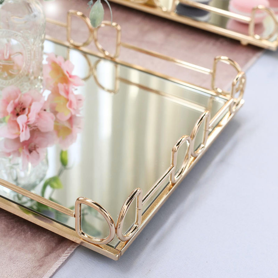 Set of 2 Gold Rectangle Mirror Decorative Vanity Serving Trays 13x9inch | 14x10inch