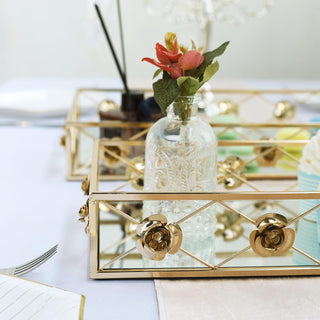 Rose Bordered Rectangle Mirrored Trays