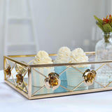 Set of 2 Gold Metal Decorative Vanity Serving Trays, Rose Bordered Rectangle Mirrored Trays