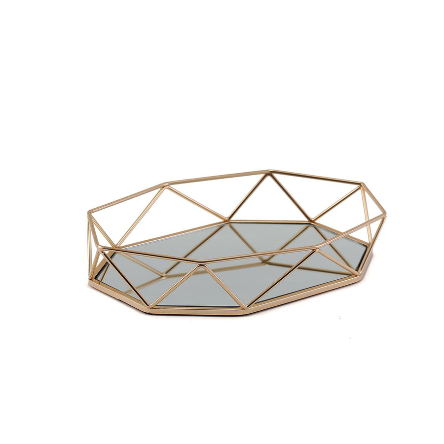Gold Metal Geometric Mirrored Serving Tray, Octagon Vanity Decorative Tray - 14x9inch