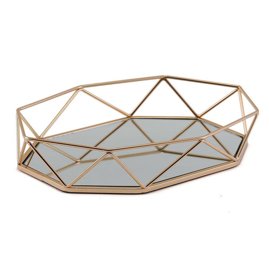 Gold Metal Geometric Mirrored Serving Tray, Octagon Vanity Decorative Tray - 14x9inch#whtbkgd