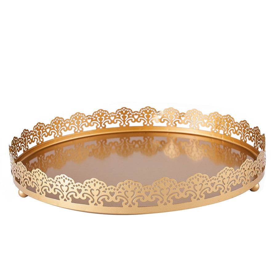 12inch Gold Premium Metal Decorative Vanity Serving Tray, Round With Embellished Rims#whtbkgd