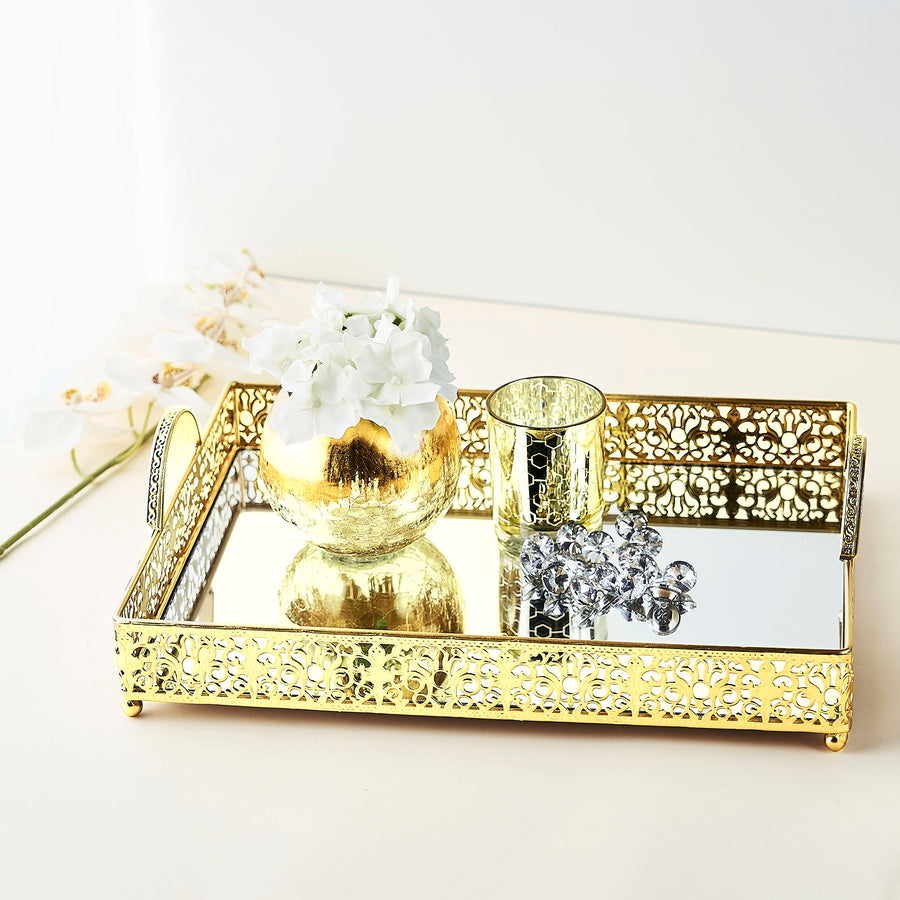 Fleur De Lis Gold Metal Decorative Vanity Serving Tray with handles, Rectangle Mirrored Tray