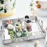 Fleur De Lis Silver Metal Decorative Vanity Serving Tray with handles, Rectangle Mirrored Tray