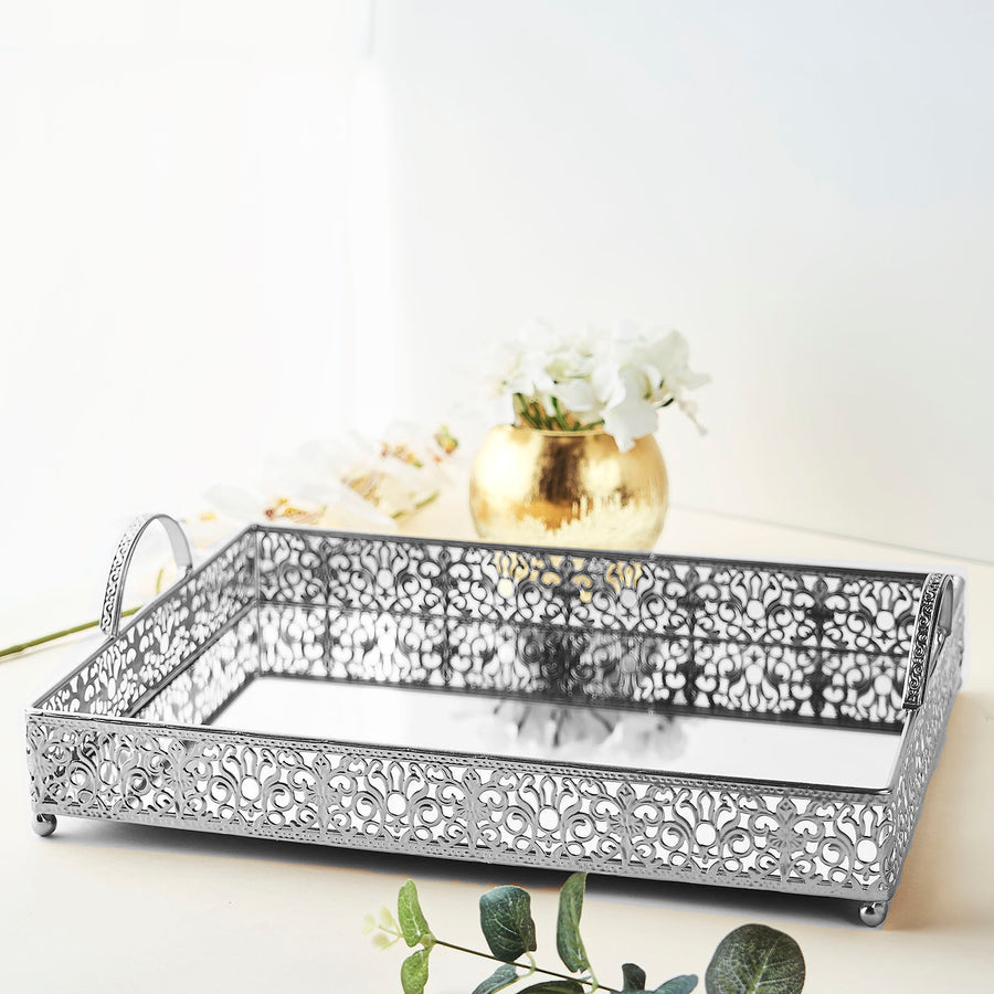 Fleur De Lis Silver Metal Decorative Vanity Serving Tray with handles, Rectangle Mirrored Tray