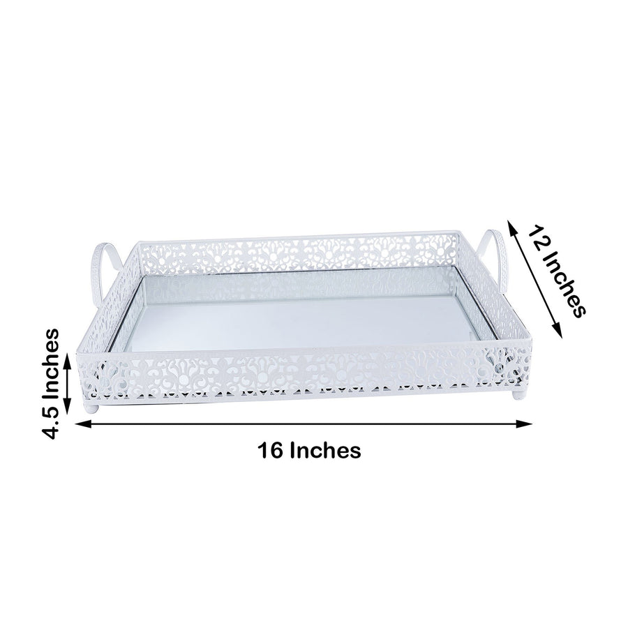 Fleur De Lis White Metal Decorative Vanity Serving Tray with handles, Rectangle Mirrored Tray
