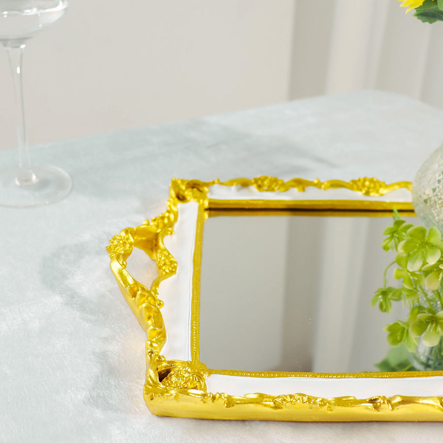 Metallic Gold/White Resin Decorative Vanity Serving Tray, Rectangle Mirrored Tray