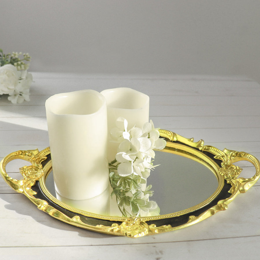 Metallic Black/Gold Oval Resin Decorative Vanity Serving Tray, Mirrored Tray with Handles