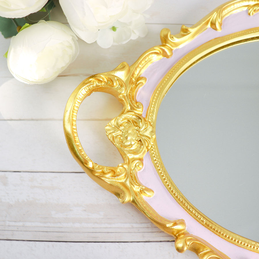 Metallic Gold/Pink Oval Resin Decorative Vanity Serving Tray, Mirrored Tray with Handles