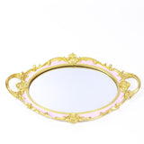 Metallic Gold/Pink Oval Resin Decorative Vanity Serving Tray, Mirrored Tray with Handles#whtbkgd