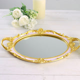 Metallic Gold/Pink Oval Resin Decorative Vanity Serving Tray, Mirrored Tray with Handles