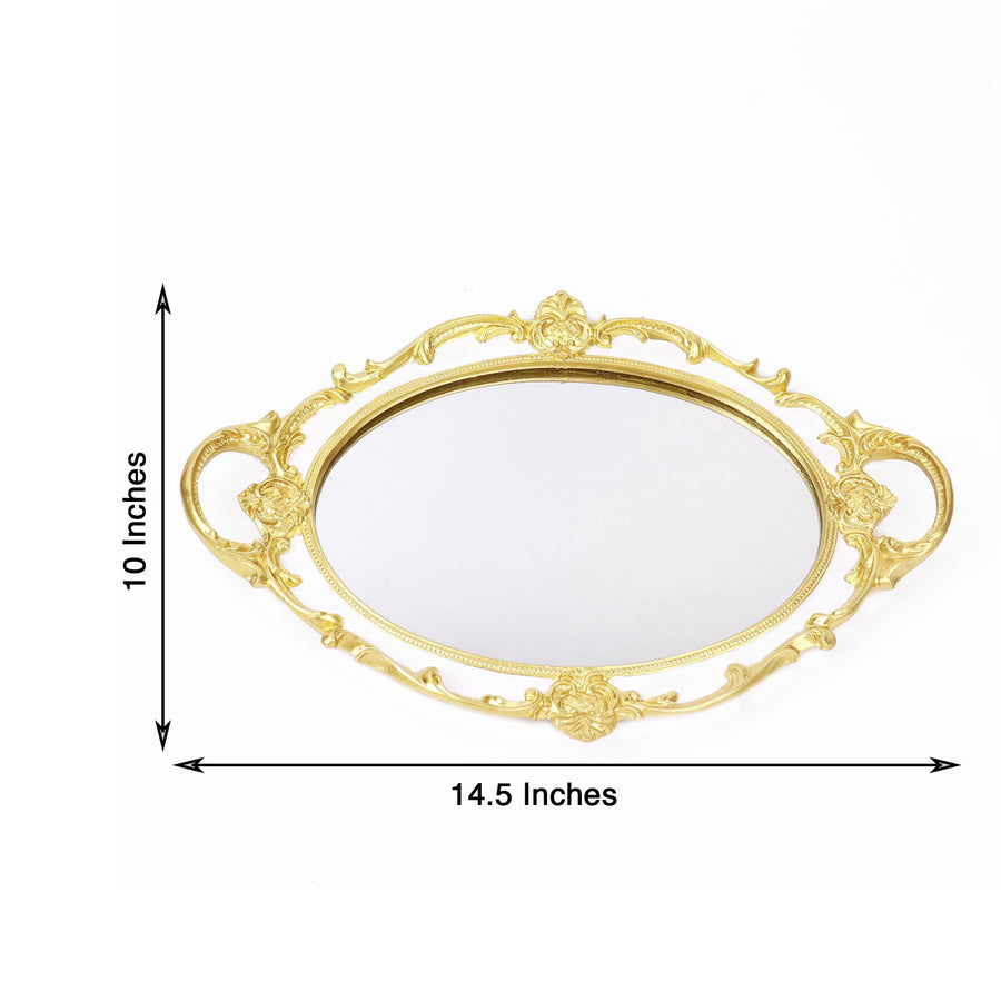 Metallic Gold/White Oval Resin Decorative Vanity Serving Tray, Mirrored Tray with Handles