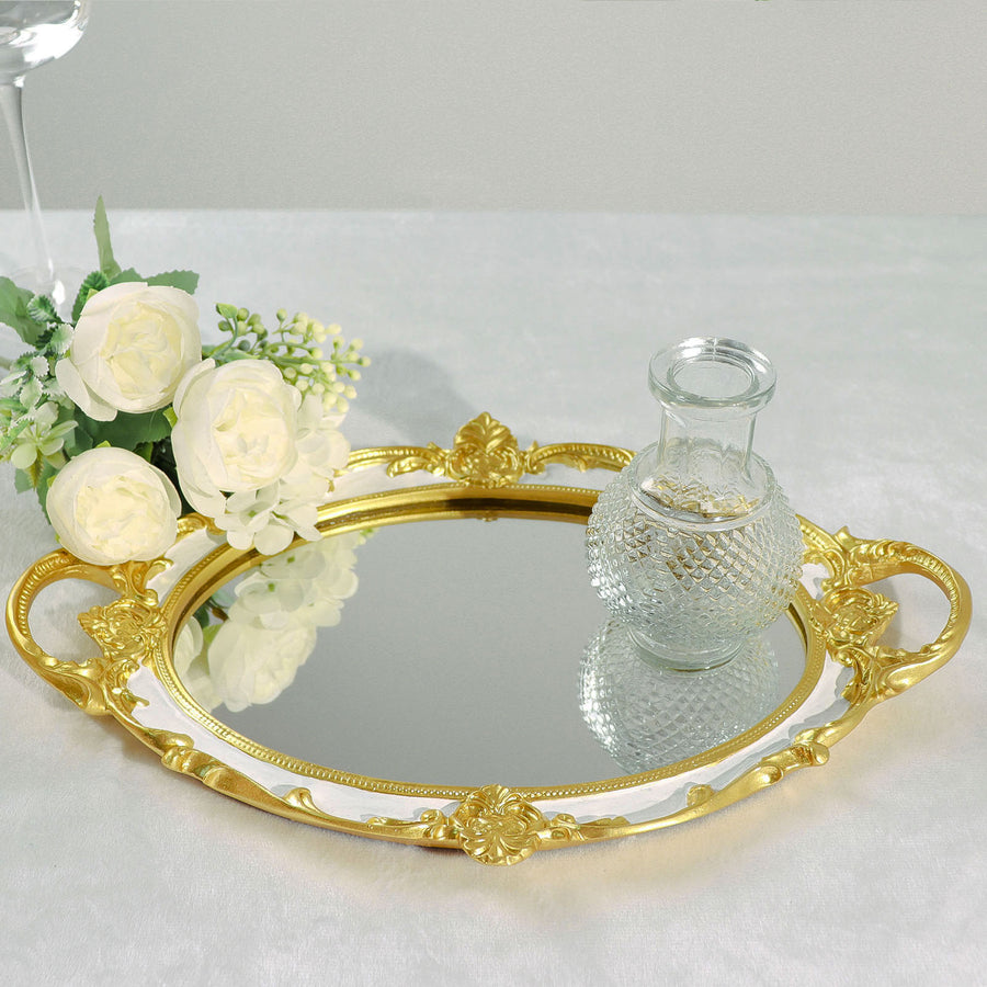 Metallic Gold/White Oval Resin Decorative Vanity Serving Tray, Mirrored Tray with Handles