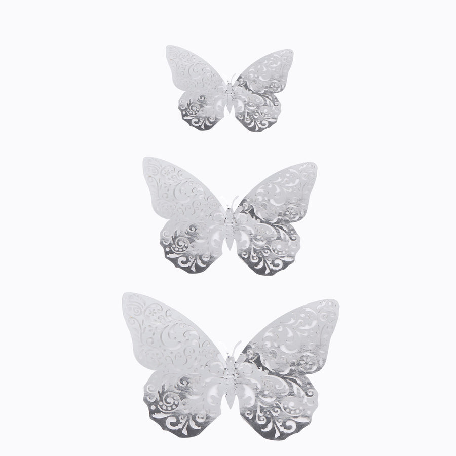 12 Pack | 3D Silver Butterfly Wall Decals DIY Removable Mural Stickers Cake Decorations