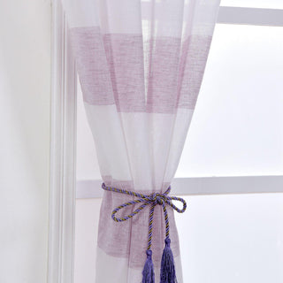 White/Lavender Lilac Cabana Print Faux Linen Curtain Panels